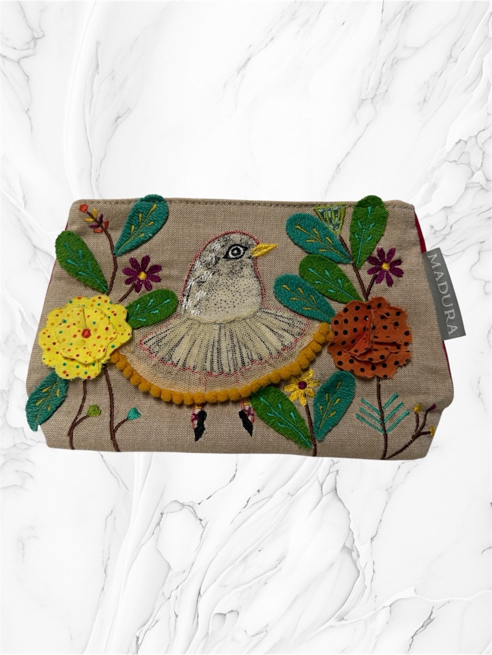 Madura Embroidered Bird Cosmetic Pouch in Beige with Yellow & Green Accents